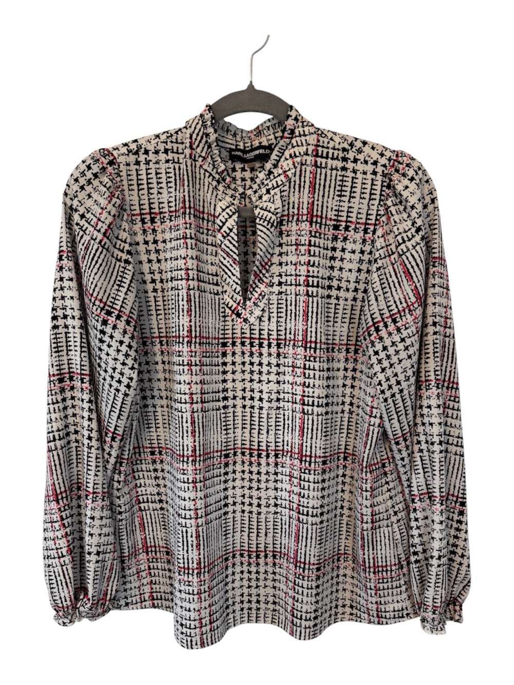 Karl Lagerfeld Plaid Sheer Ruffle Blouse Long Sleeve Size Small
